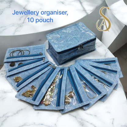 Jewellery Organizer Box with 10 Transparent Pouches – Makeup & Cosmetic Storage Travel Pouch