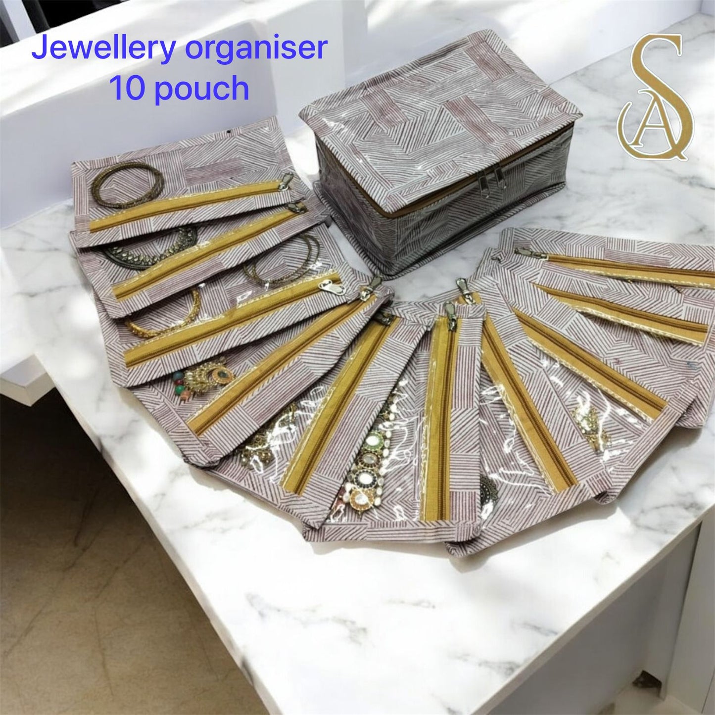 Jewellery Organizer Box with 10 Transparent Pouches – Makeup & Cosmetic Storage Travel Pouch