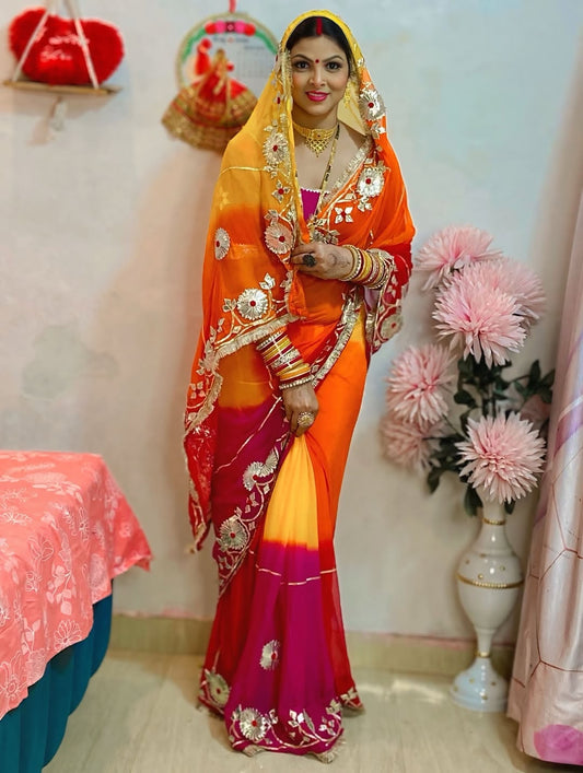 Pure Diamond Chiffon Multi Tie & Dye Saree With Hand Charkhi Gota Work