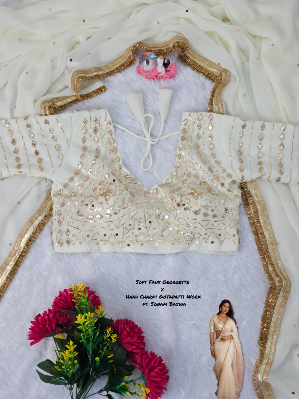 Sonam Bajwa Wear Saree - Original Hand Charkhi Gotta Patti & Sequence Work  Fully Stitched Blouse