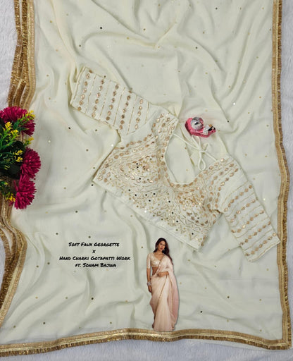 Sonam Bajwa Wear Saree - Original Hand Charkhi Gotta Patti & Sequence Work  Fully Stitched Blouse