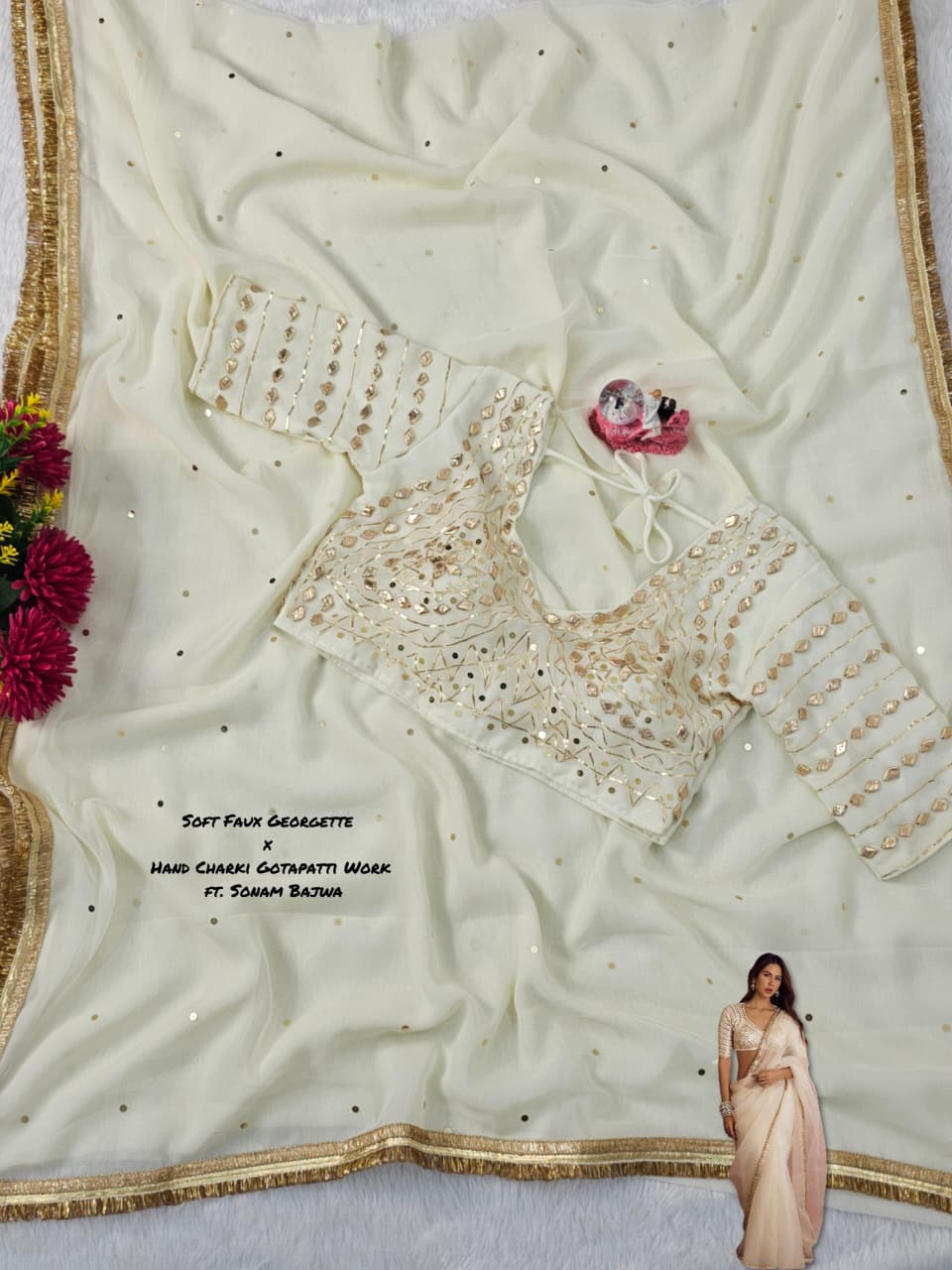 Sonam Bajwa Wear Saree - Original Hand Charkhi Gotta Patti & Sequence Work  Fully Stitched Blouse