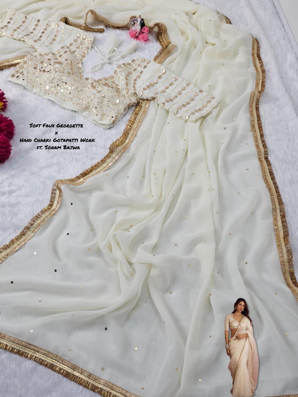 Sonam Bajwa Wear Saree - Original Hand Charkhi Gotta Patti & Sequence Work  Fully Stitched Blouse