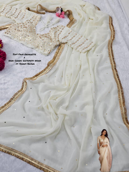 Sonam Bajwa Wear Saree - Original Hand Charkhi Gotta Patti & Sequence Work  Fully Stitched Blouse