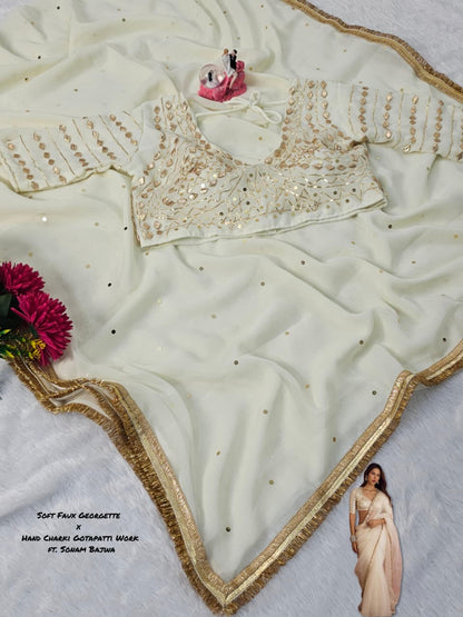 Sonam Bajwa Wear Saree - Original Hand Charkhi Gotta Patti & Sequence Work  Fully Stitched Blouse