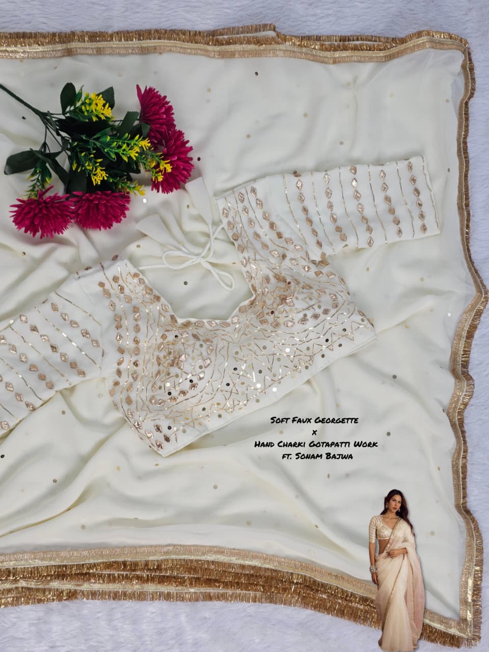 Sonam Bajwa Wear Saree - Original Hand Charkhi Gotta Patti & Sequence Work  Fully Stitched Blouse