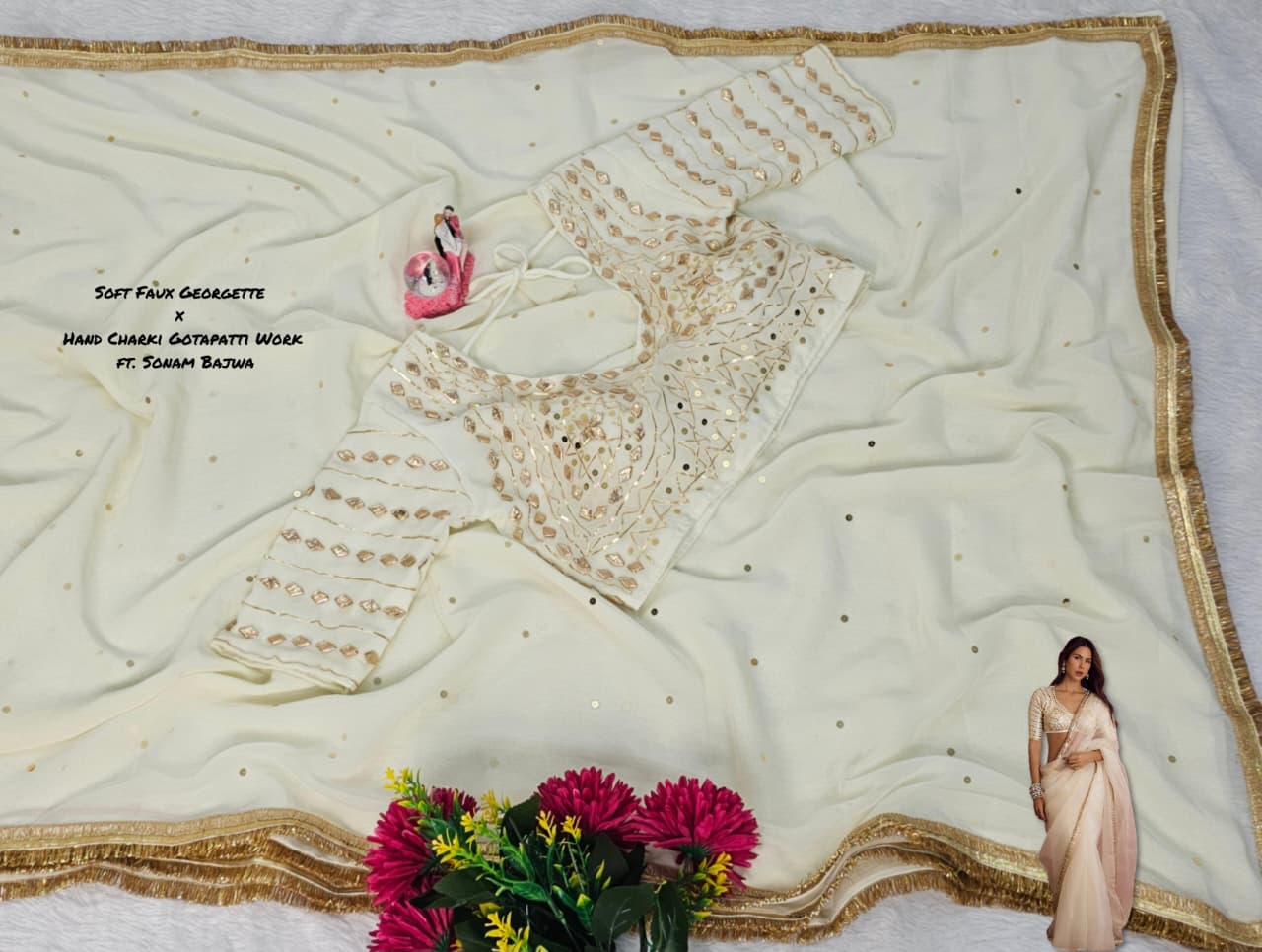 Sonam Bajwa Wear Saree - Original Hand Charkhi Gotta Patti & Sequence Work  Fully Stitched Blouse