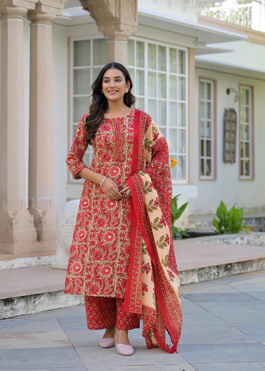 Jaipuri Cotton 3-Piece Kurta Set with Mulmul Cotton Dupatta for Women