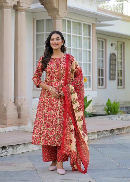 Jaipuri Cotton 3-Piece Kurta Set with Mulmul Cotton Dupatta for Women