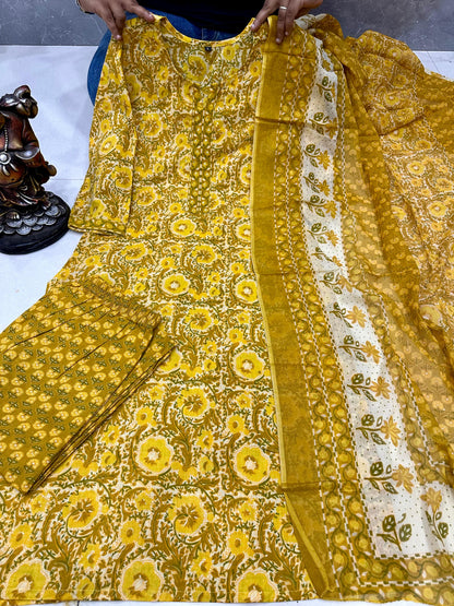 Jaipuri Cotton 3-Piece Kurta Set with Mulmul Cotton Dupatta for Women