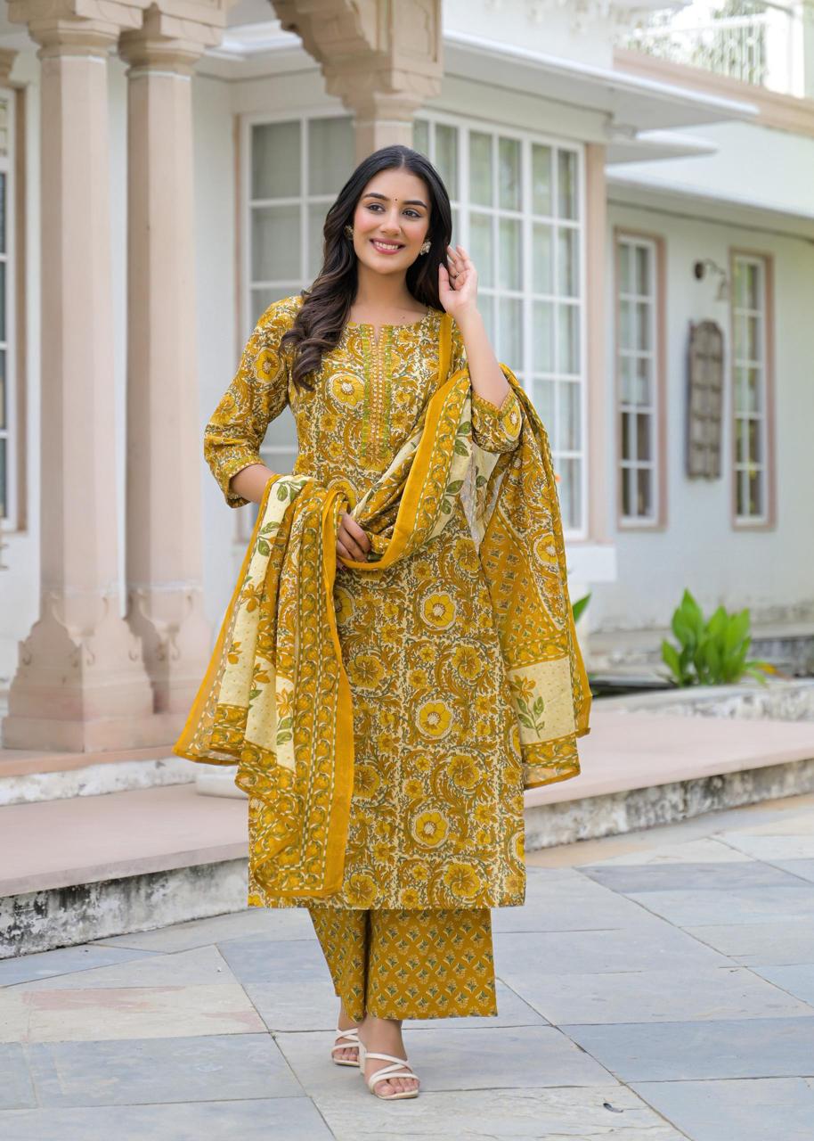 Jaipuri Cotton 3-Piece Kurta Set with Mulmul Cotton Dupatta for Women
