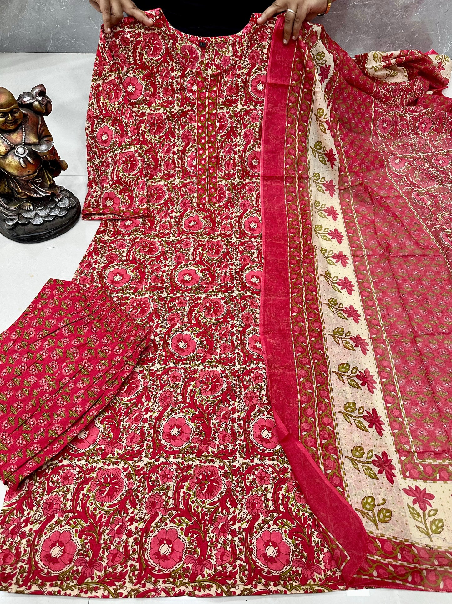 Jaipuri Cotton 3-Piece Kurta Set with Mulmul Cotton Dupatta for Women