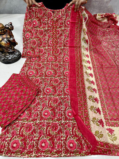 Jaipuri Cotton 3-Piece Kurta Set with Mulmul Cotton Dupatta for Women
