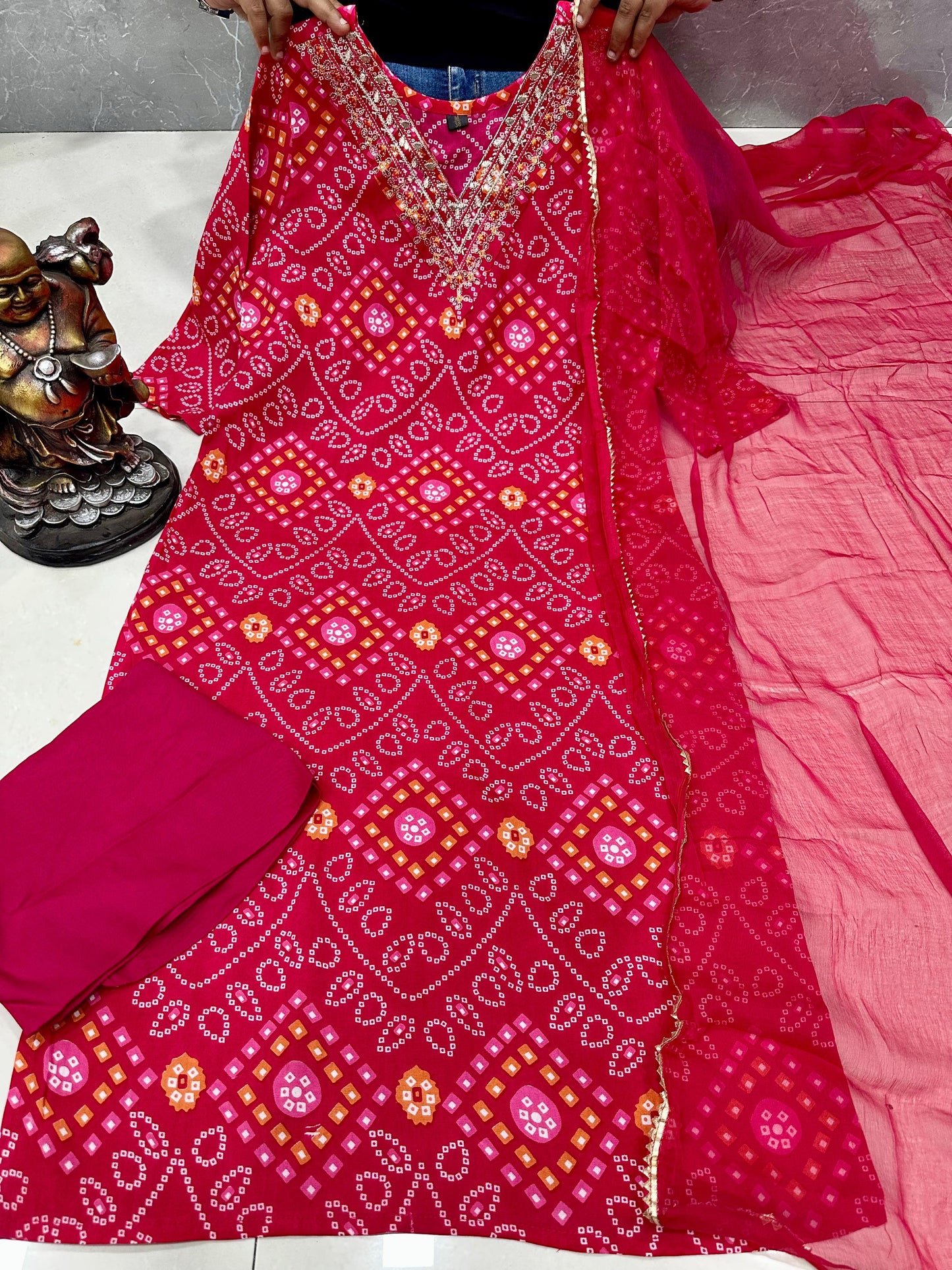 Jaipuri Cotton 3-Piece Kurta Set with Mulmul Cotton Dupatta