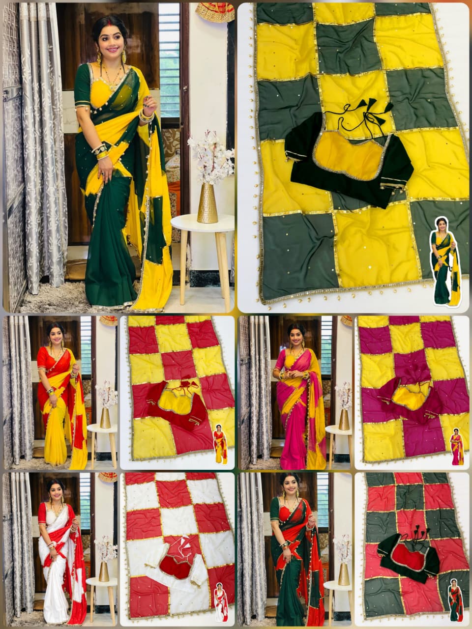 Premium Handmade Designer C.C Georgette Saree with Original Mirror Work, Gotta Lace & Handmade Latkan Blouse