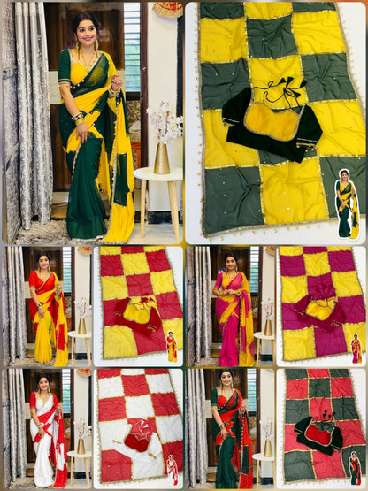 Premium Handmade Designer C.C Georgette Saree with Original Mirror Work, Gotta Lace & Handmade Latkan Blouse
