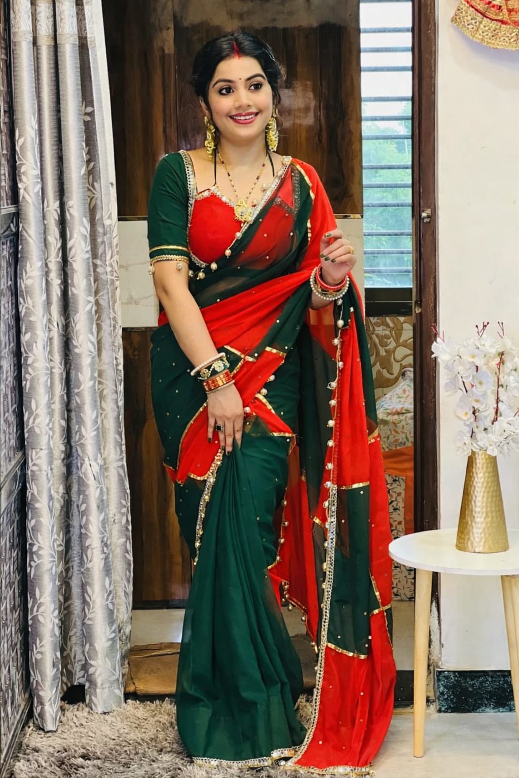 Premium Handmade Designer C.C Georgette Saree with Original Mirror Work, Gotta Lace & Handmade Latkan Blouse