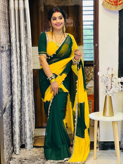 Premium Handmade Designer C.C Georgette Saree with Original Mirror Work, Gotta Lace & Handmade Latkan Blouse