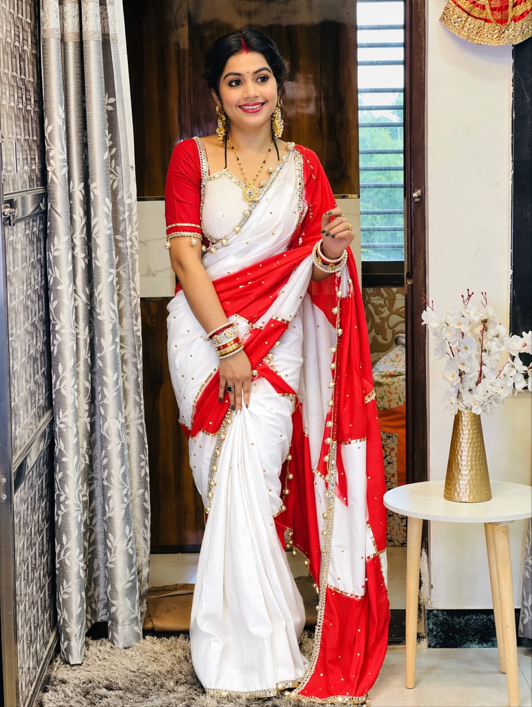 Premium Handmade Designer C.C Georgette Saree with Original Mirror Work, Gotta Lace & Handmade Latkan Blouse
