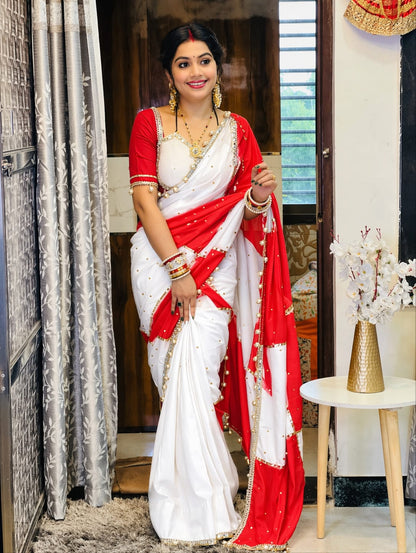 Premium Handmade Designer C.C Georgette Saree with Original Mirror Work, Gotta Lace & Handmade Latkan Blouse