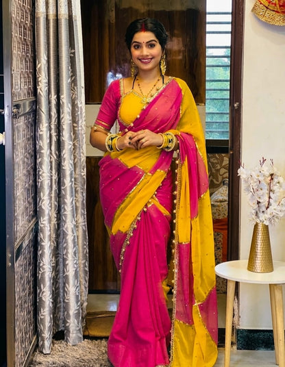 Premium Handmade Designer C.C Georgette Saree with Original Mirror Work, Gotta Lace & Handmade Latkan Blouse