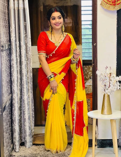 Premium Handmade Designer C.C Georgette Saree with Original Mirror Work, Gotta Lace & Handmade Latkan Blouse