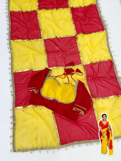 Premium Handmade Designer C.C Georgette Saree with Original Mirror Work, Gotta Lace & Handmade Latkan Blouse