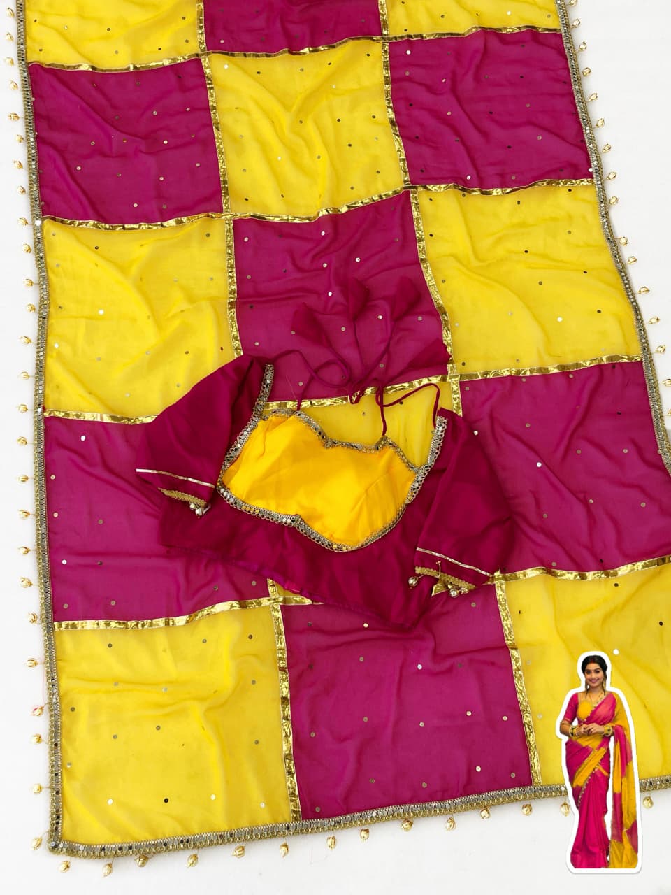 Premium Handmade Designer C.C Georgette Saree with Original Mirror Work, Gotta Lace & Handmade Latkan Blouse
