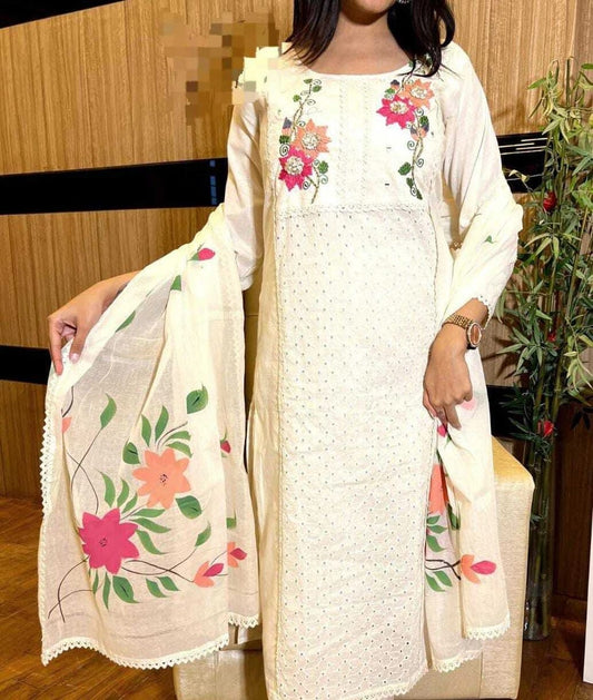 Jaipuri Cotton Schiffli Kurta Set with Mulmul Cotton Dupatta | Designer 3-Piece Summer Ethnic Wear for Women
