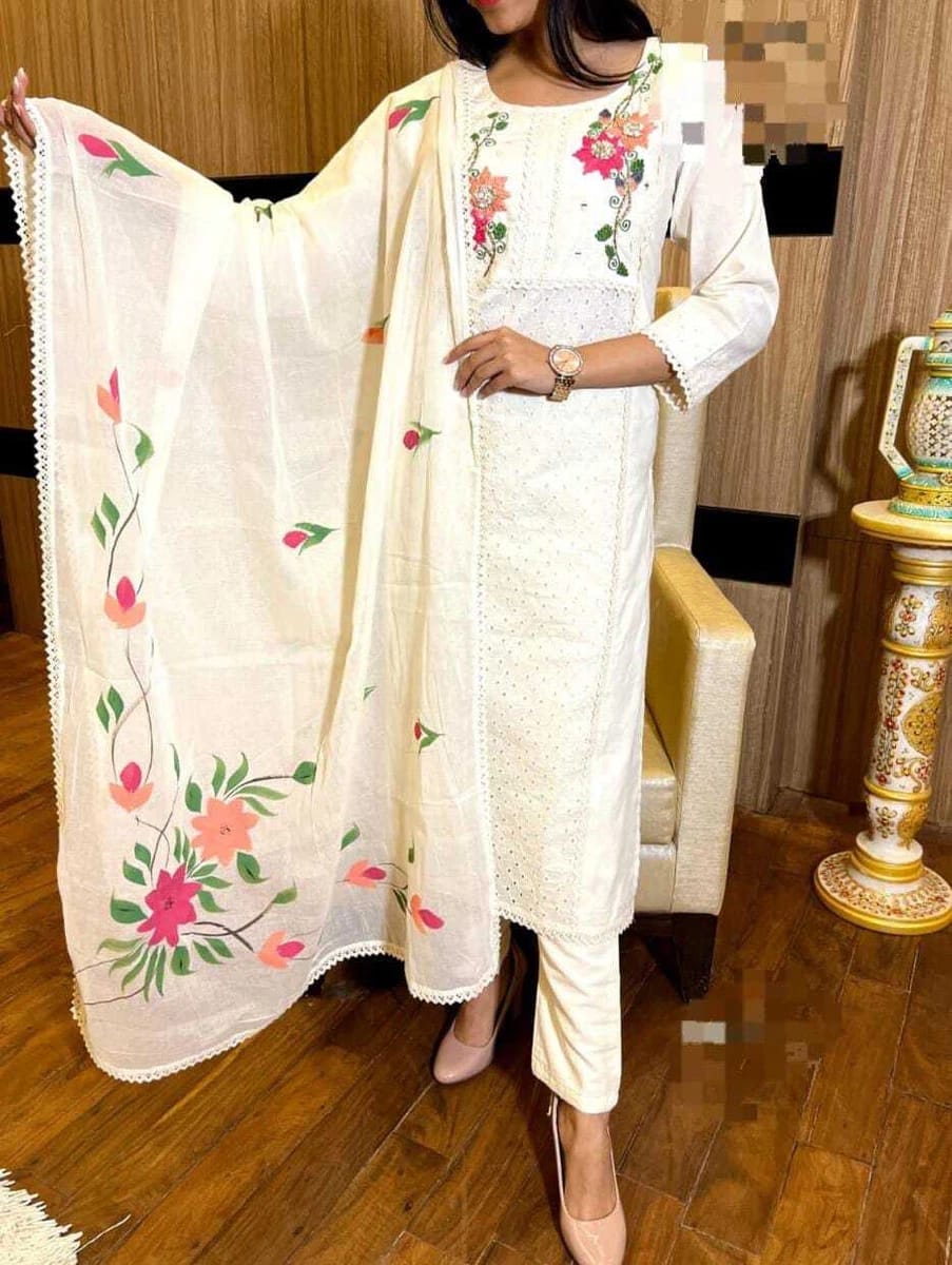 Jaipuri Cotton Schiffli Kurta Set with Mulmul Cotton Dupatta | Designer 3-Piece Summer Ethnic Wear for Women