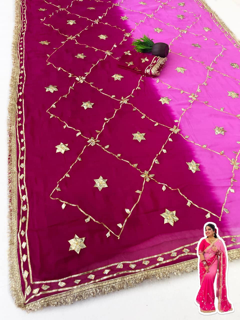 Original Hand Charkhi Gotta Work Pure Chiffon Saree with Sobar Kachhi Gotta Work & Designer Lace Border