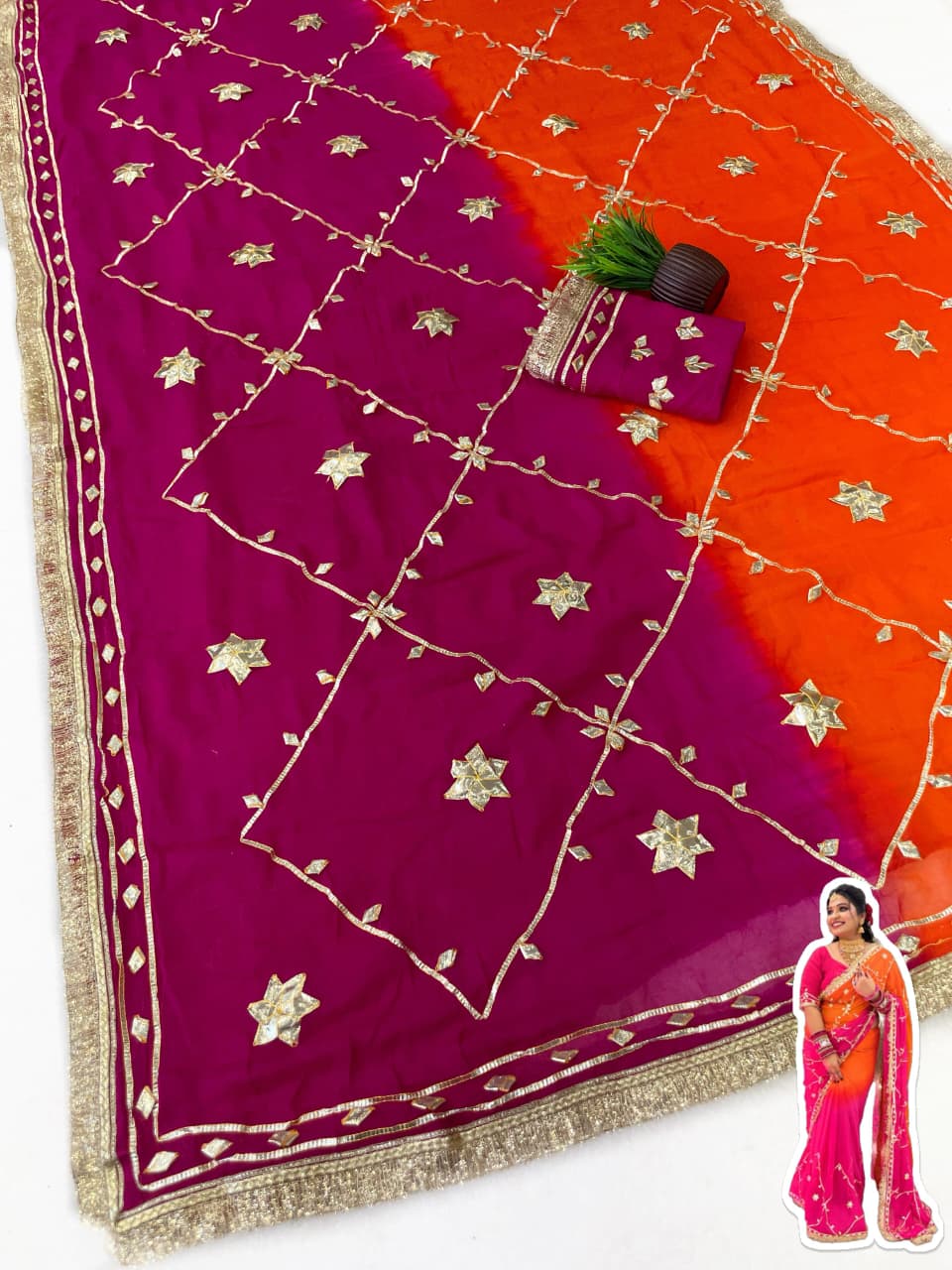 Original Hand Charkhi Gotta Work Pure Chiffon Saree with Sobar Kachhi Gotta Work & Designer Lace Border