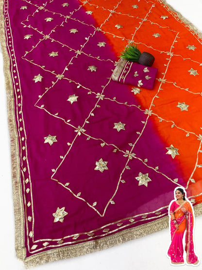 Original Hand Charkhi Gotta Work Pure Chiffon Saree with Sobar Kachhi Gotta Work & Designer Lace Border