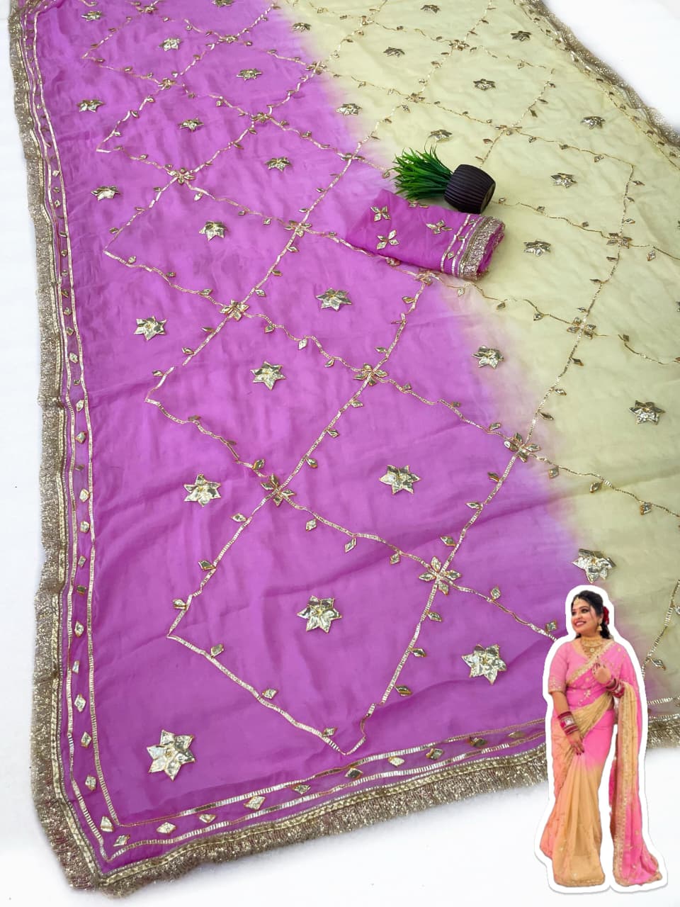Original Hand Charkhi Gotta Work Pure Chiffon Saree with Sobar Kachhi Gotta Work & Designer Lace Border