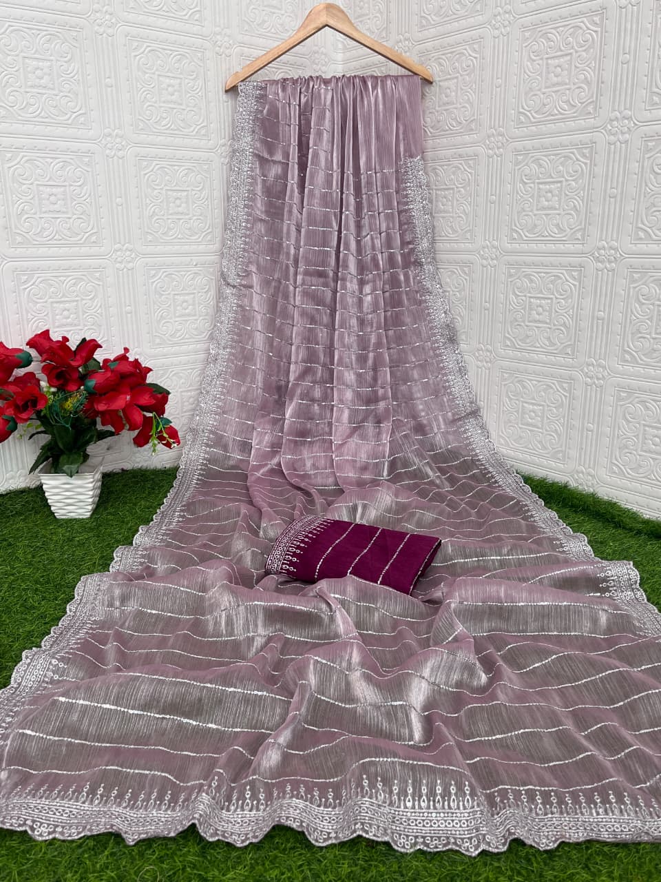 MBC Pure Soft Zimmy Choo Chiffon Silk Saree with 3mm Sequence Work & Contrast Mono Silk Blouse