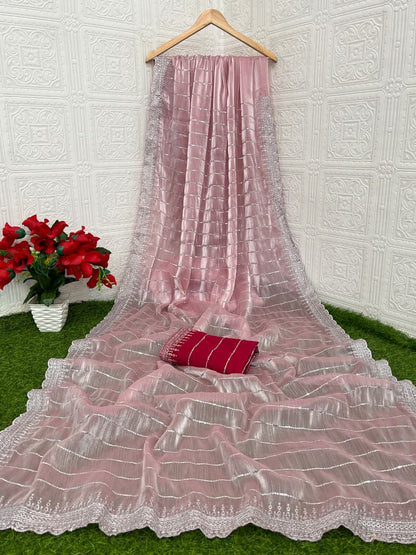 MBC Pure Soft Zimmy Choo Chiffon Silk Saree with 3mm Sequence Work & Contrast Mono Silk Blouse