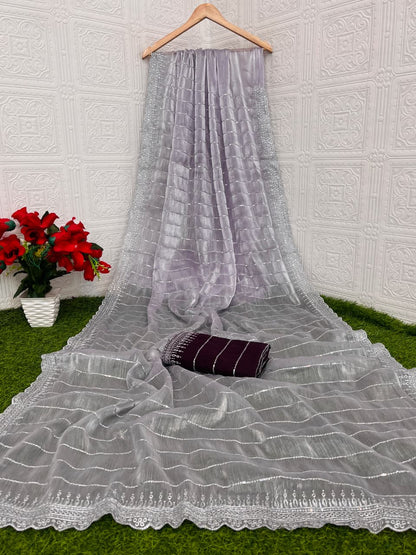 MBC Pure Soft Zimmy Choo Chiffon Silk Saree with 3mm Sequence Work & Contrast Mono Silk Blouse