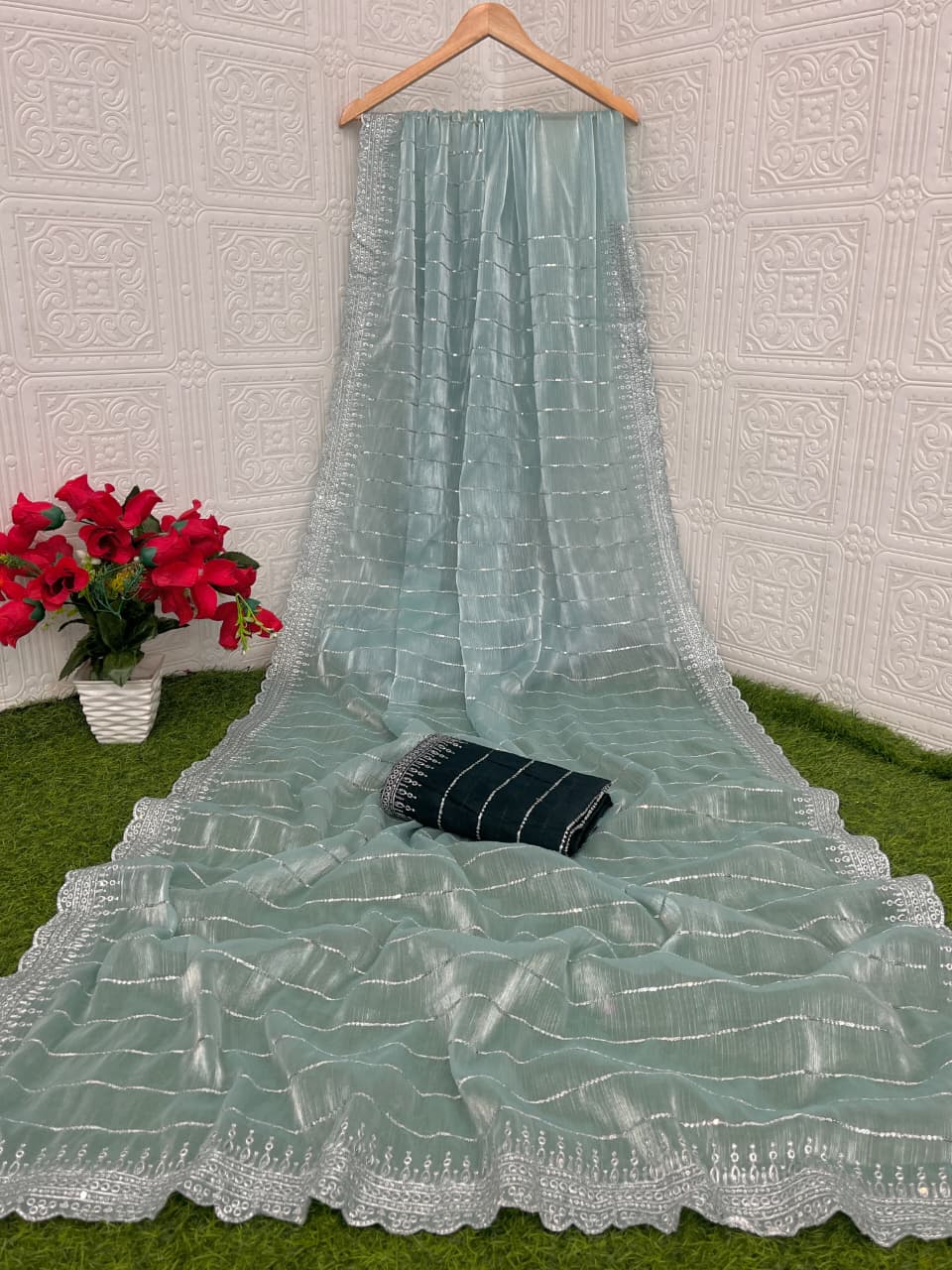MBC Pure Soft Zimmy Choo Chiffon Silk Saree with 3mm Sequence Work & Contrast Mono Silk Blouse