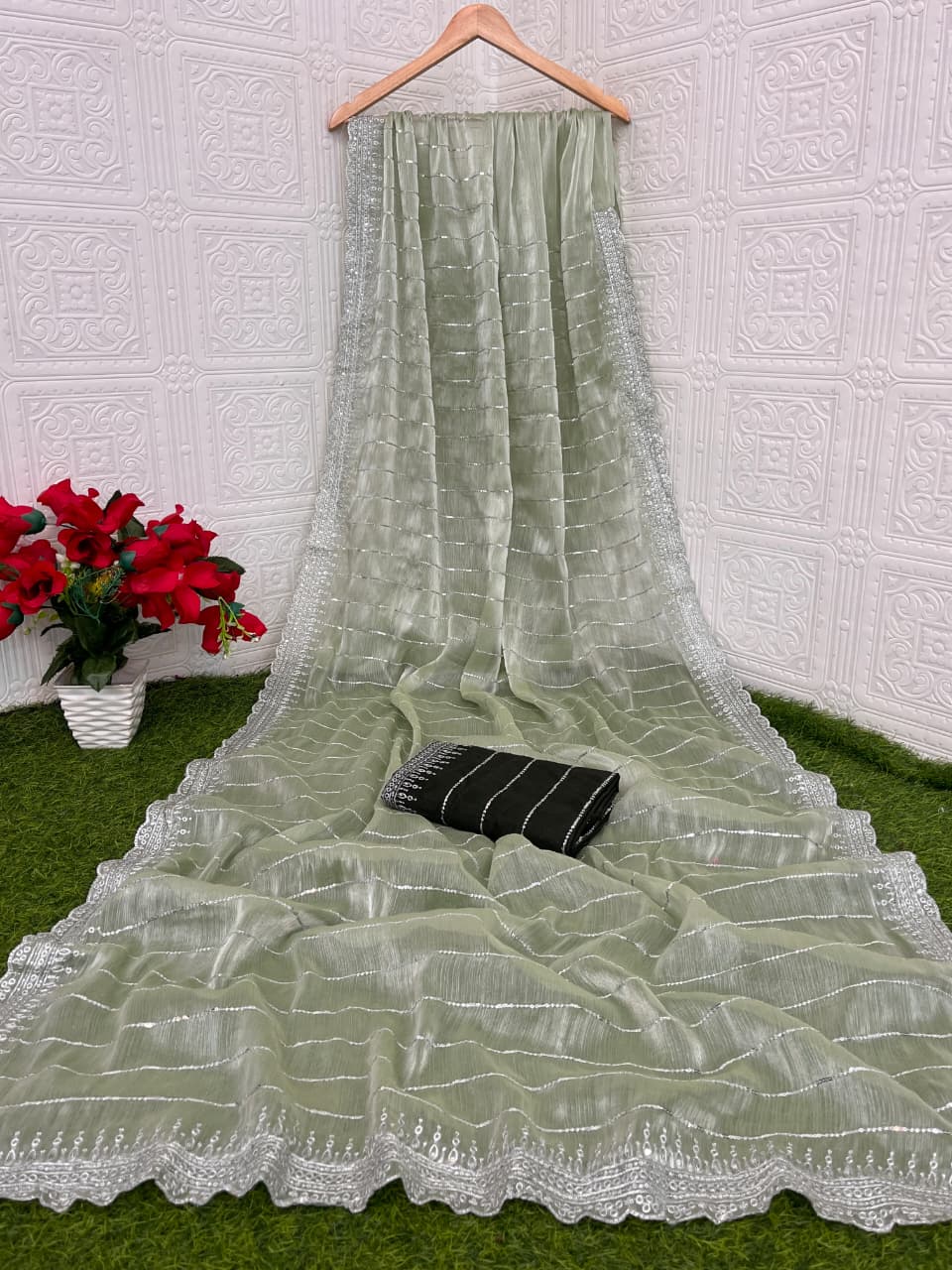 MBC Pure Soft Zimmy Choo Chiffon Silk Saree with 3mm Sequence Work & Contrast Mono Silk Blouse