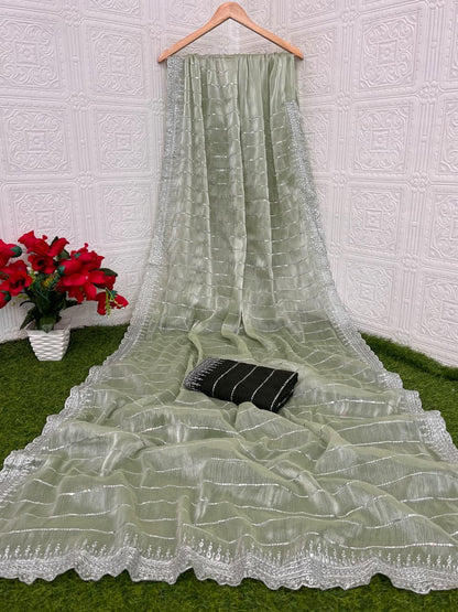 MBC Pure Soft Zimmy Choo Chiffon Silk Saree with 3mm Sequence Work & Contrast Mono Silk Blouse