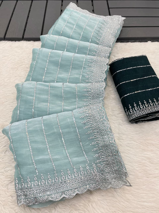 MBC Pure Soft Zimmy Choo Chiffon Silk Saree with 3mm Sequence Work & Contrast Mono Silk Blouse