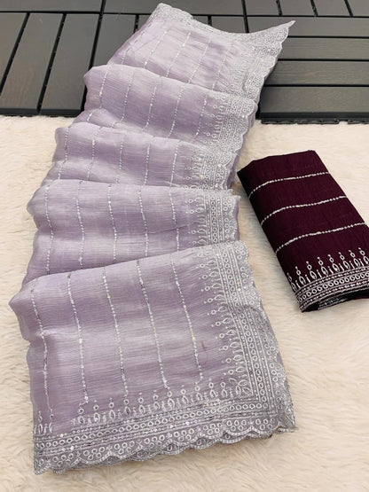 MBC Pure Soft Zimmy Choo Chiffon Silk Saree with 3mm Sequence Work & Contrast Mono Silk Blouse