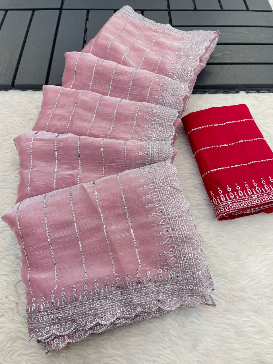 MBC Pure Soft Zimmy Choo Chiffon Silk Saree with 3mm Sequence Work & Contrast Mono Silk Blouse