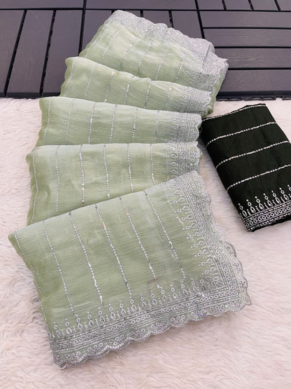 MBC Pure Soft Zimmy Choo Chiffon Silk Saree with 3mm Sequence Work & Contrast Mono Silk Blouse