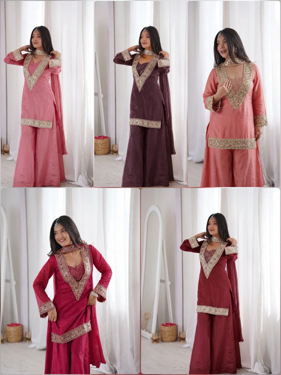 Premium Chinon 4 Piece Sharara Suit Set with Original Mirror, Diamond & Real Moti Work | Belt Style Dupatta