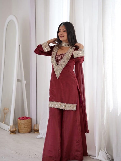 Premium Chinon 4 Piece Sharara Suit Set with Original Mirror, Diamond & Real Moti Work | Belt Style Dupatta