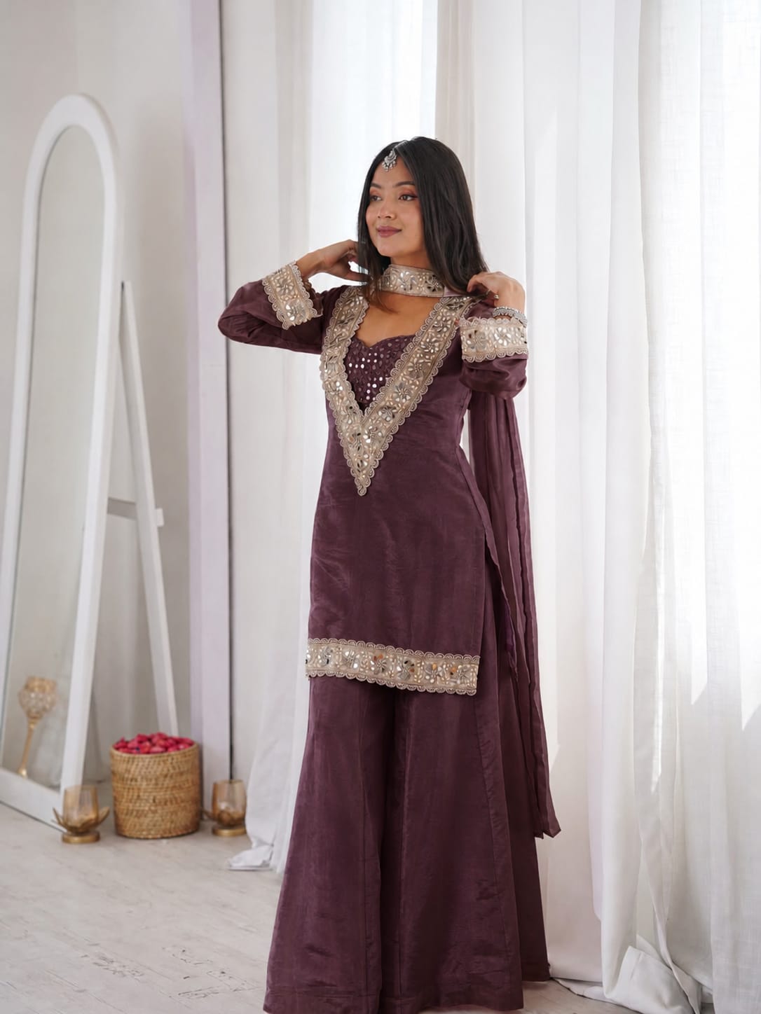 Premium Chinon 4 Piece Sharara Suit Set with Original Mirror, Diamond & Real Moti Work | Belt Style Dupatta