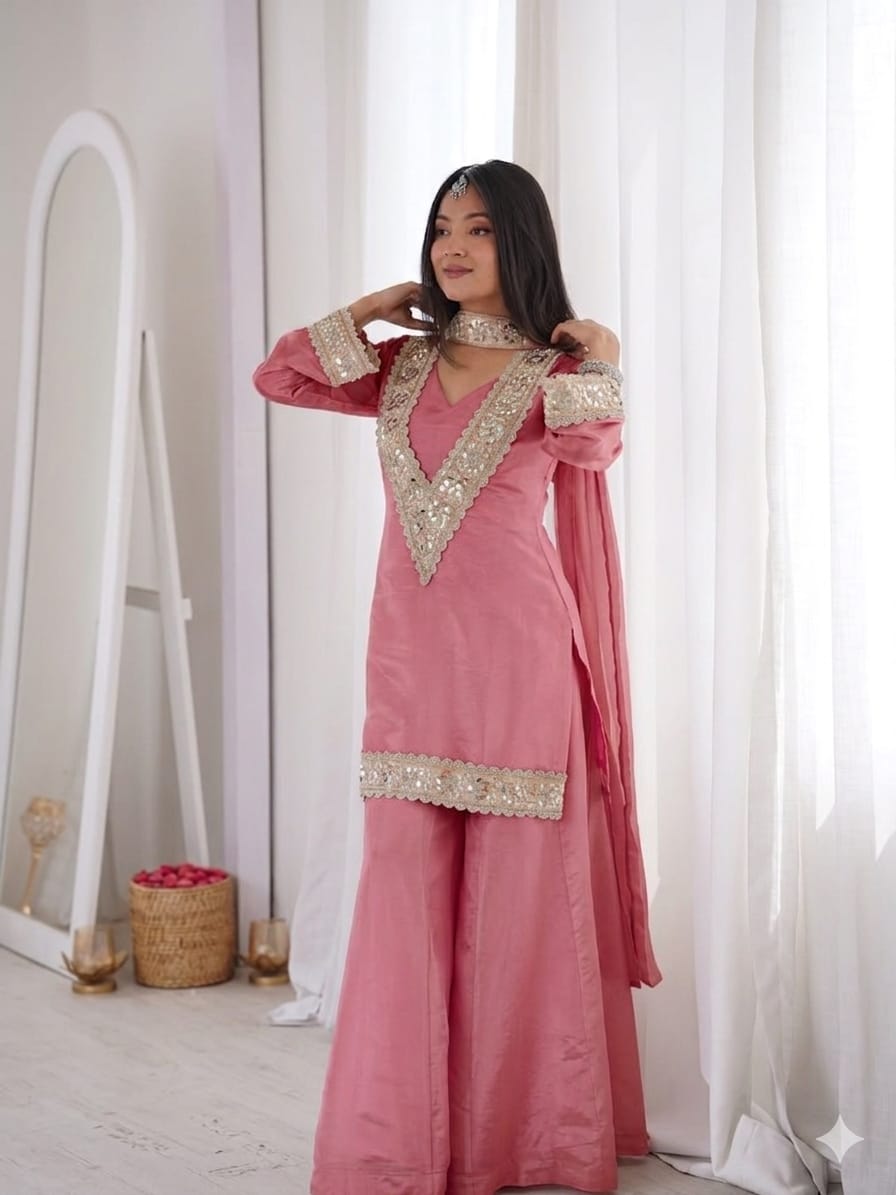 Premium Chinon 4 Piece Sharara Suit Set with Original Mirror, Diamond & Real Moti Work | Belt Style Dupatta