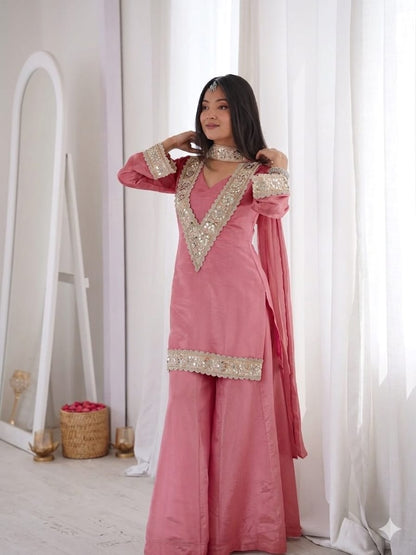 Premium Chinon 4 Piece Sharara Suit Set with Original Mirror, Diamond & Real Moti Work | Belt Style Dupatta