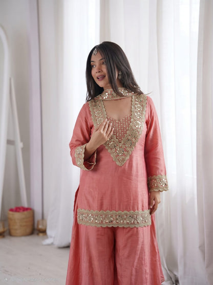 Premium Chinon 4 Piece Sharara Suit Set with Original Mirror, Diamond & Real Moti Work | Belt Style Dupatta